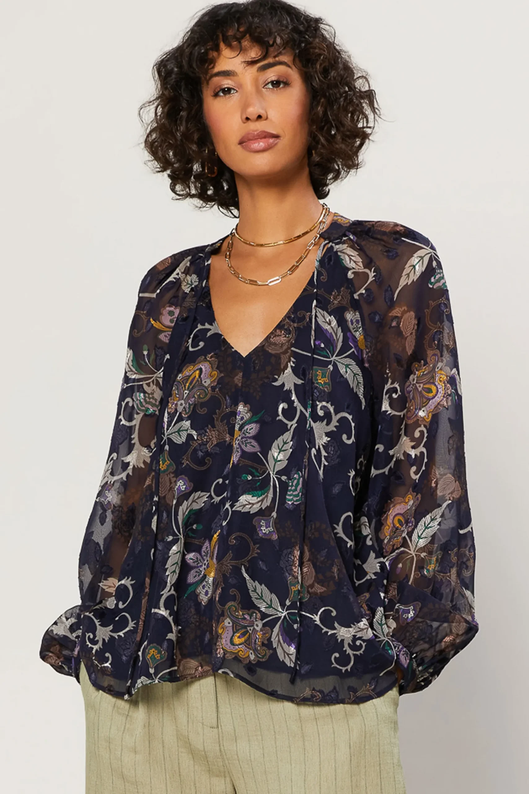Current Air Long Sleeve Tops-Navy Floral Long Sleeve Top FLORALNAVY