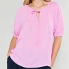 Current Air Short Sleeve Tops-Neck Tie Detailed Blouse ORCHID