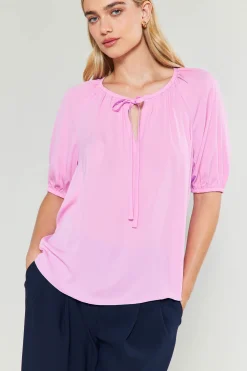 Current Air Short Sleeve Tops-Neck Tie Detailed Blouse ORCHID