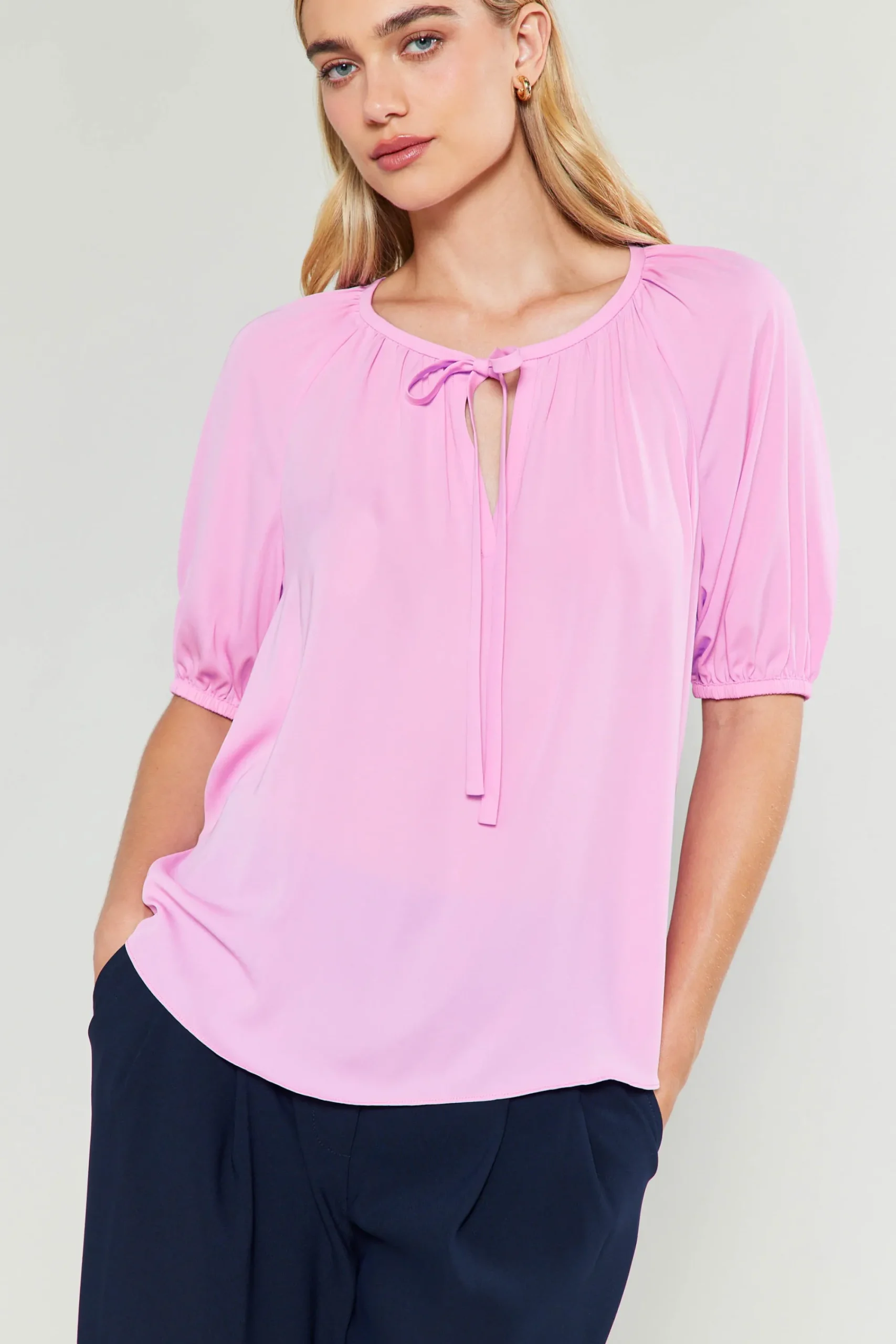 Current Air Short Sleeve Tops-Neck Tie Detailed Blouse ORCHID