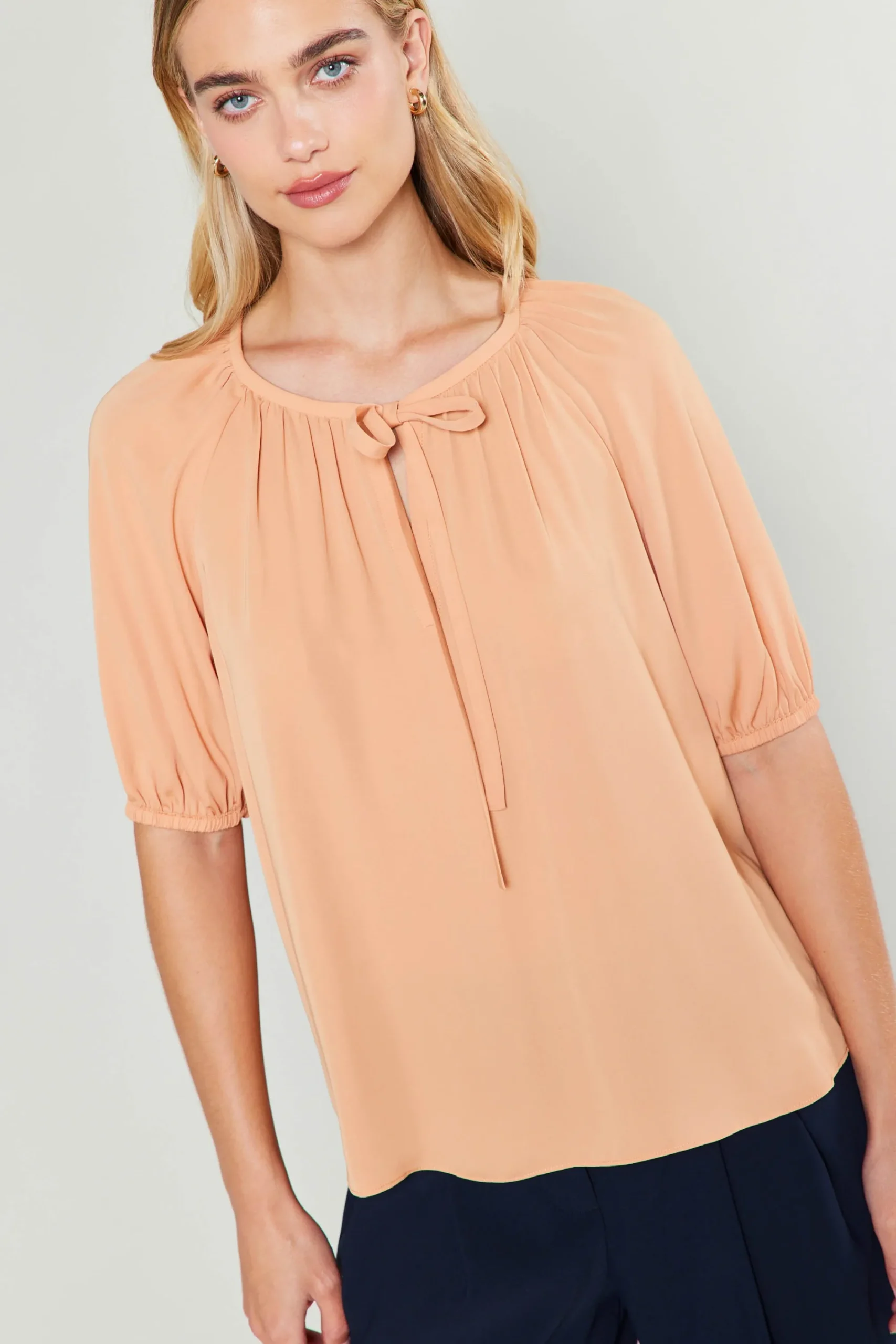 Current Air Short Sleeve Tops-Neck Tie Detailed Blouse BUTTERUM
