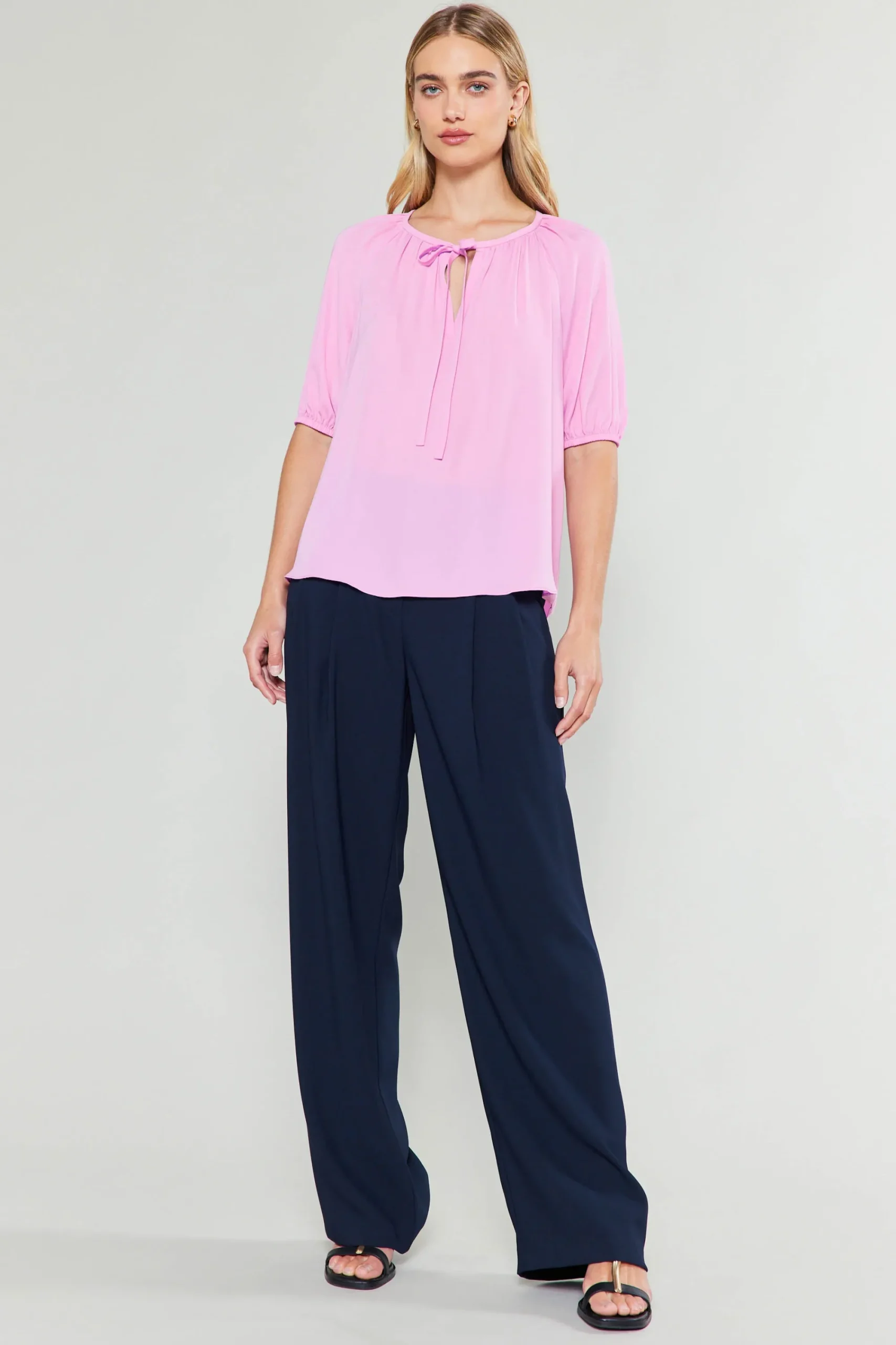 Current Air Short Sleeve Tops-Neck Tie Detailed Blouse ORCHID