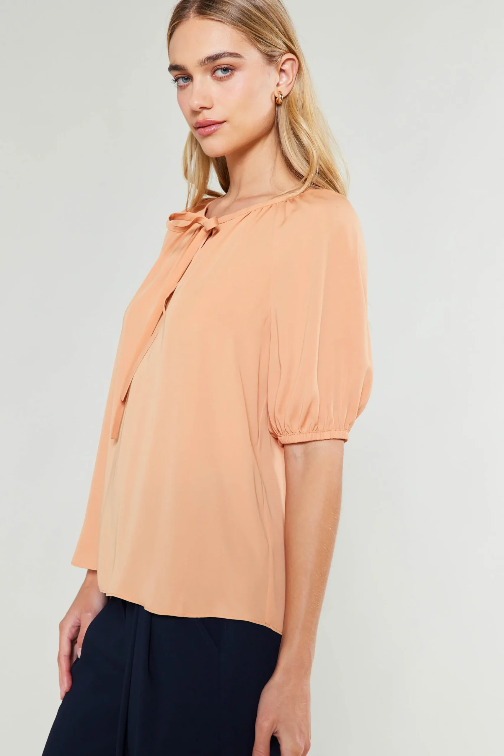 Current Air Short Sleeve Tops-Neck Tie Detailed Blouse BUTTERUM
