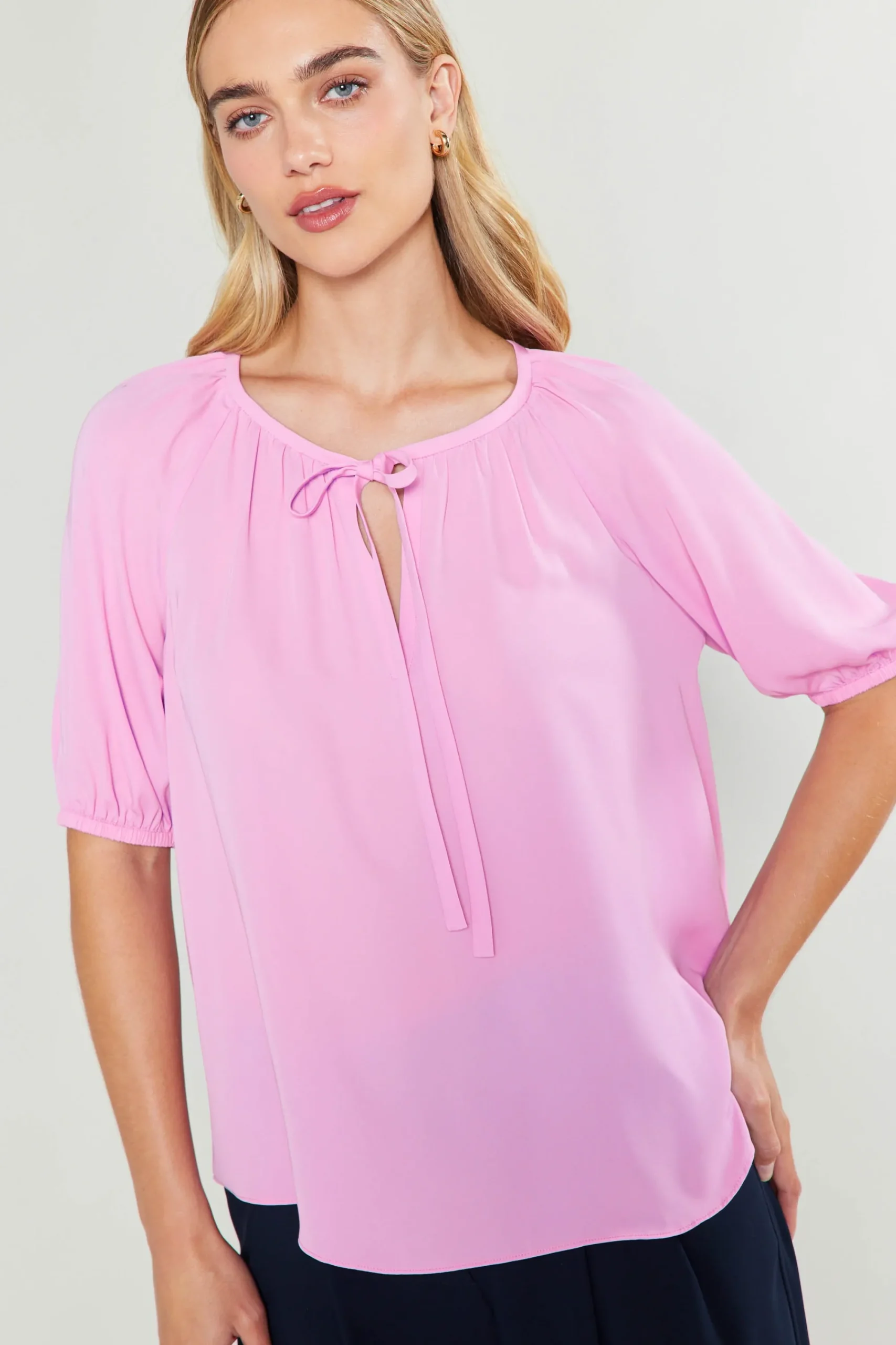 Current Air Short Sleeve Tops-Neck Tie Detailed Blouse ORCHID