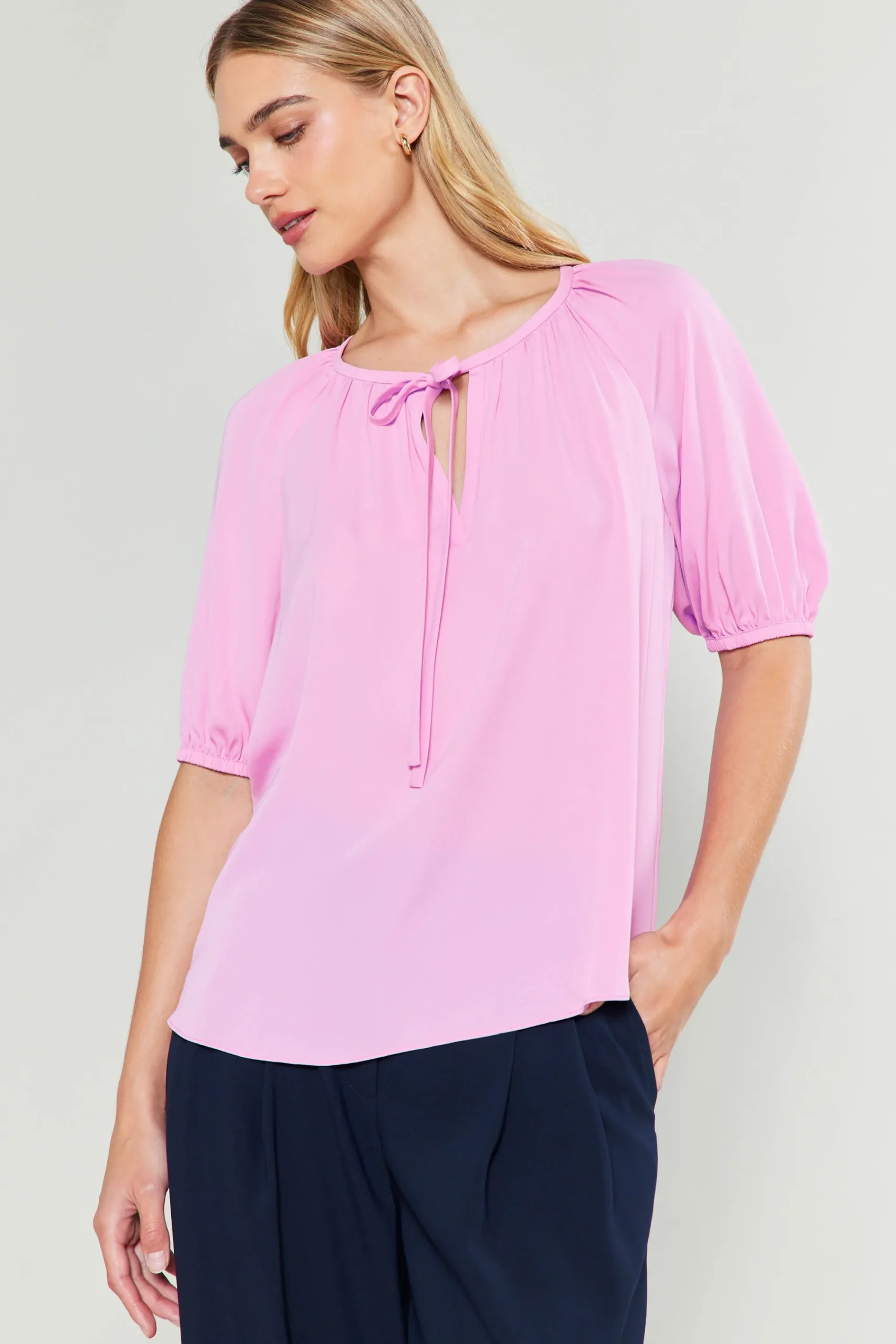 Current Air Short Sleeve Tops-Neck Tie Detailed Blouse ORCHID