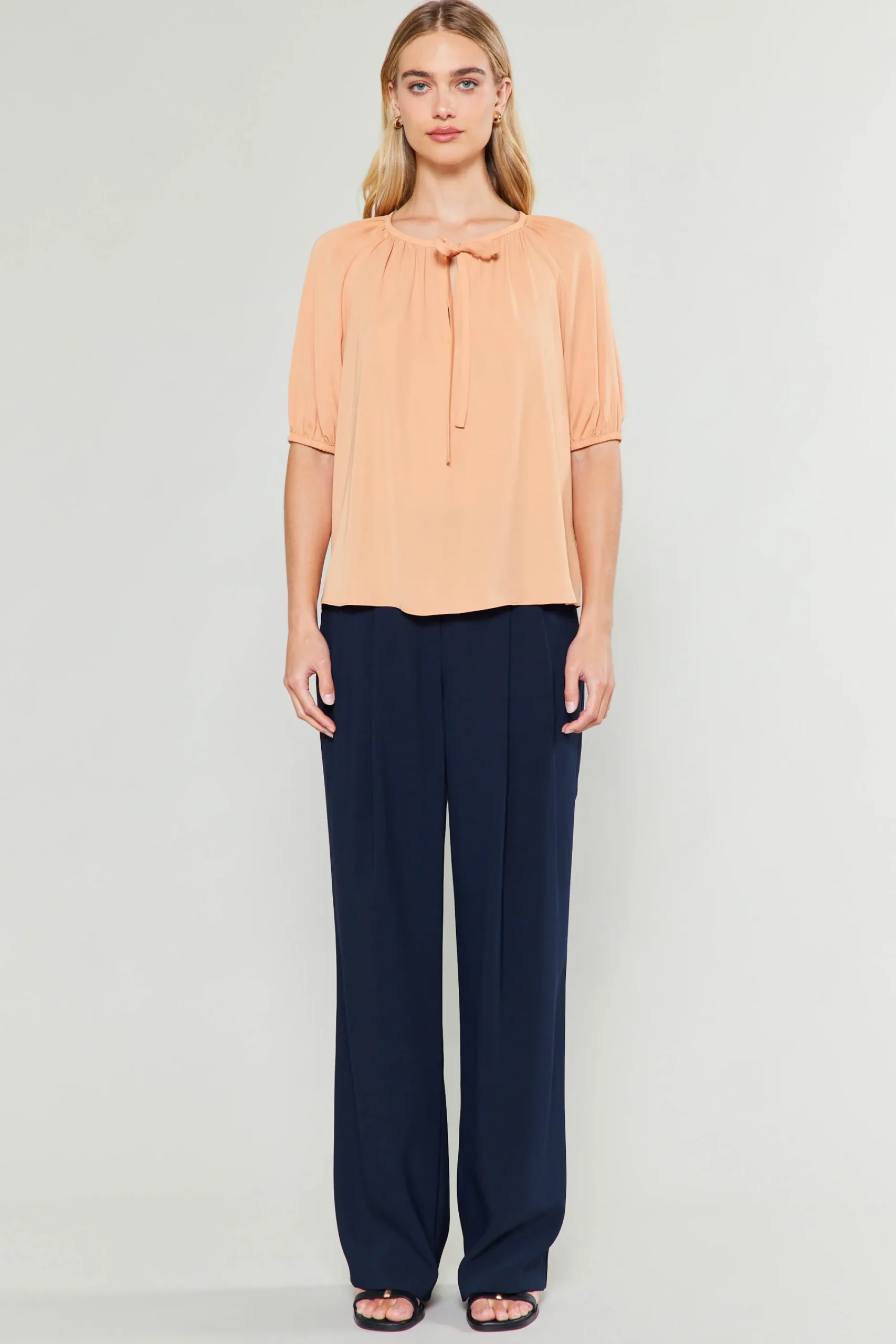 Current Air Short Sleeve Tops-Neck Tie Detailed Blouse BUTTERUM