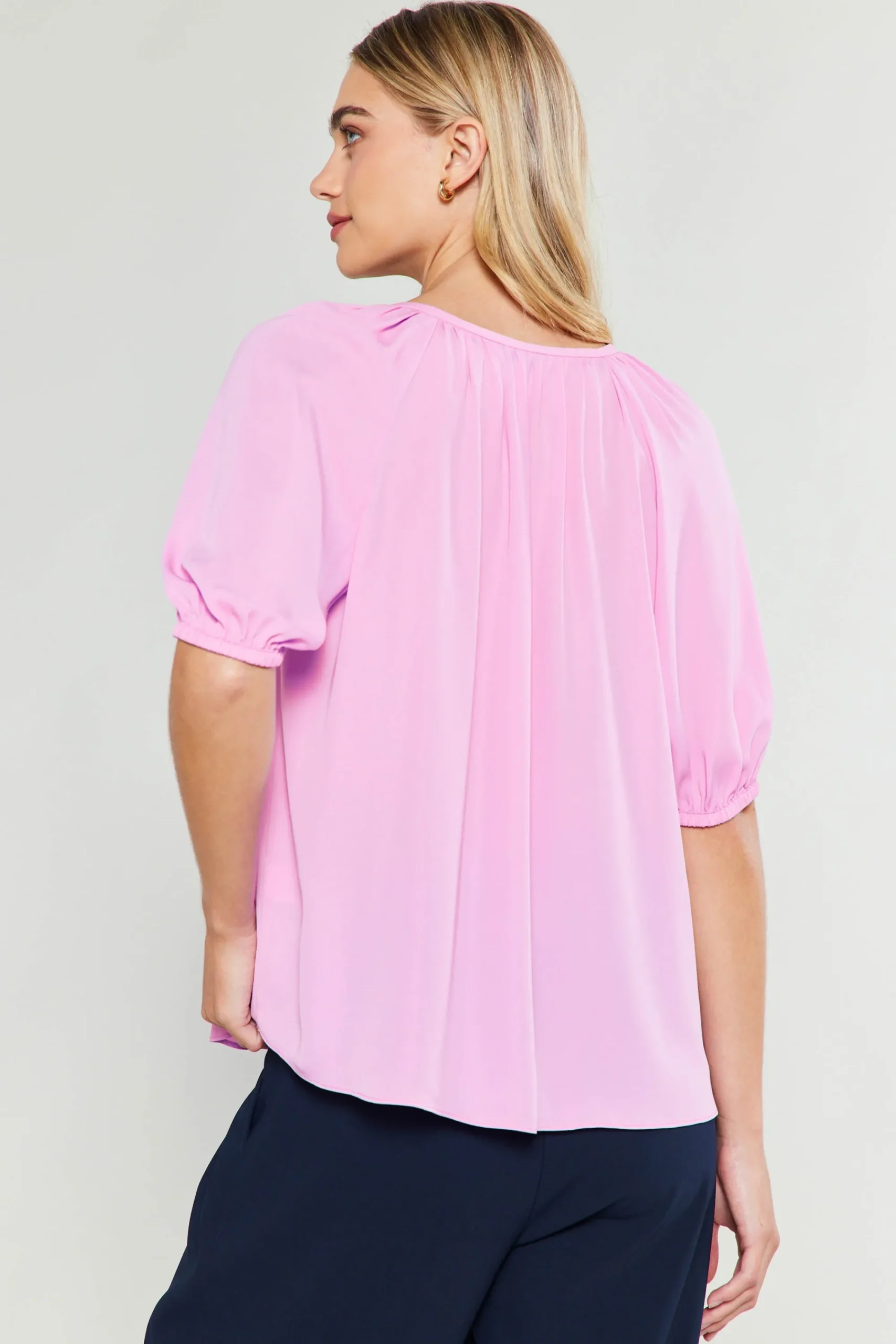 Current Air Short Sleeve Tops-Neck Tie Detailed Blouse ORCHID