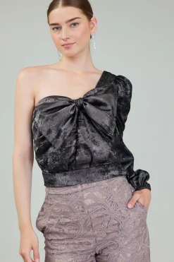 Current Air Long Sleeve Tops-One Shoulder Textured Top PLUMGUNMETAL