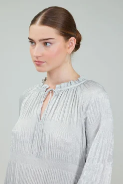 Current Air Long Sleeve Tops-Opalescent Pleated Blouse OYSTER