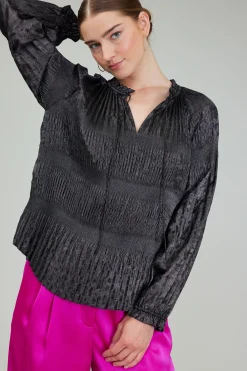 Current Air Long Sleeve Tops-Opalescent Pleated Blouse PLUMGUNMETAL
