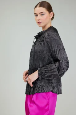 Current Air Long Sleeve Tops-Opalescent Pleated Blouse PLUMGUNMETAL