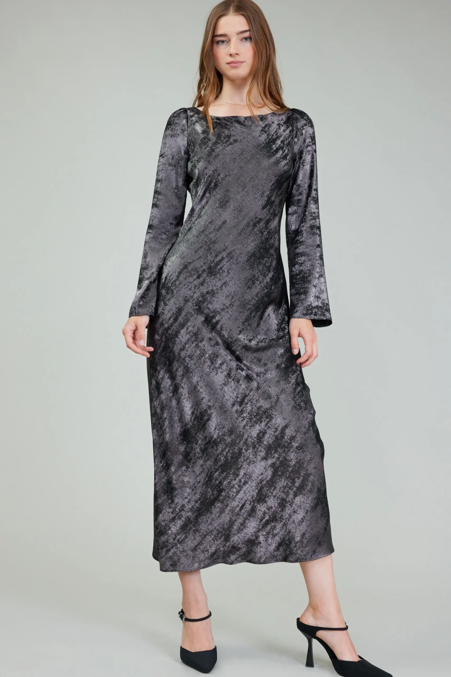 Current Air Maxi Dresses | Midi Dresses-Opalescent Textured Maxi Dress PLUMGUNMETAL