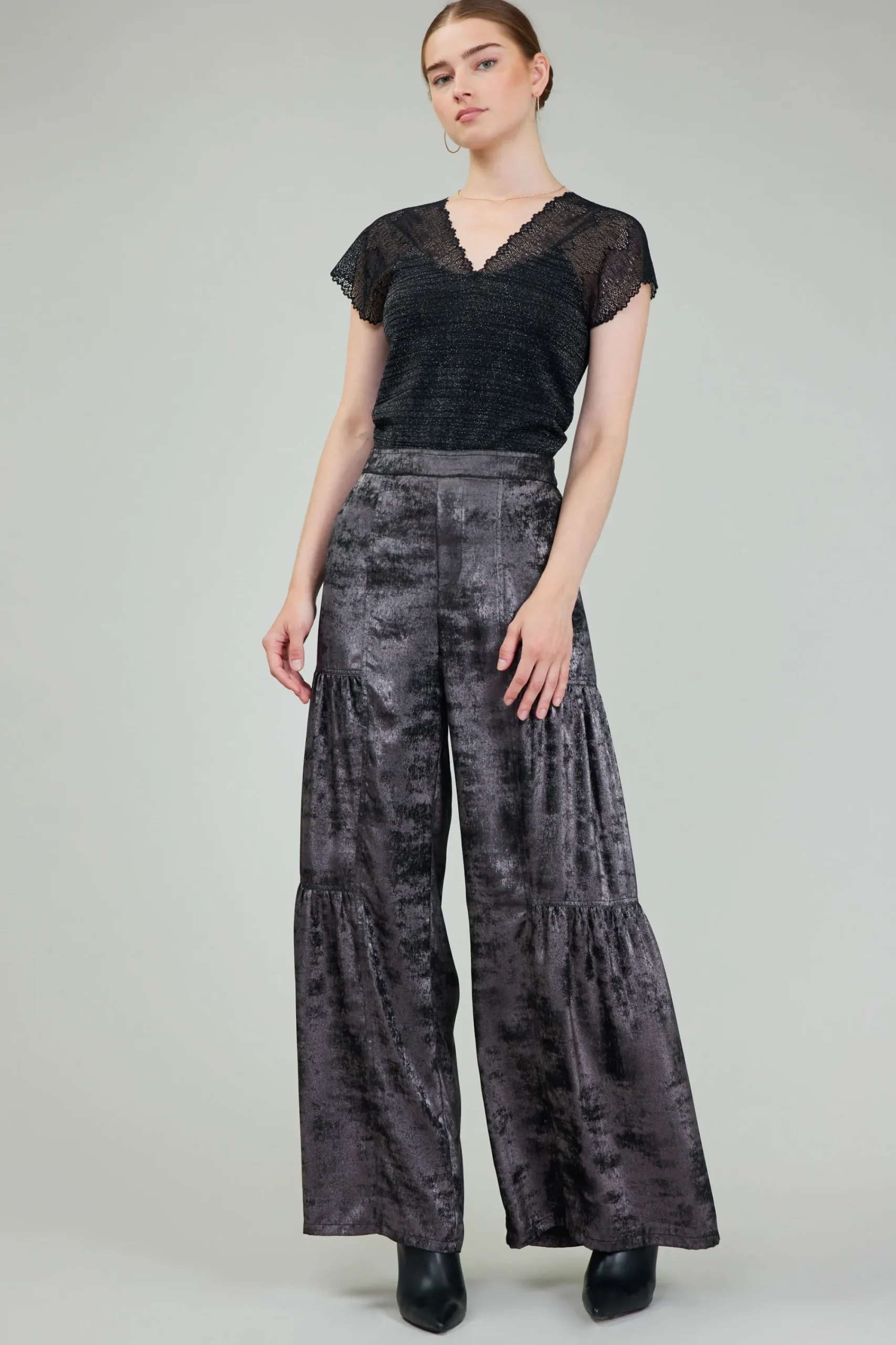 Current Air Pants-Opalescent Textured Tiered Pants PLUMGUNMETAL