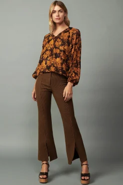 Current Air Long Sleeve Tops-Orange Picot Stitch Blouse BROWNORANGEFLORAL