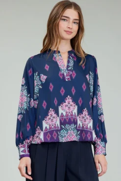 Current Air Long Sleeve Tops-Ornate Border Print Blouse MLT