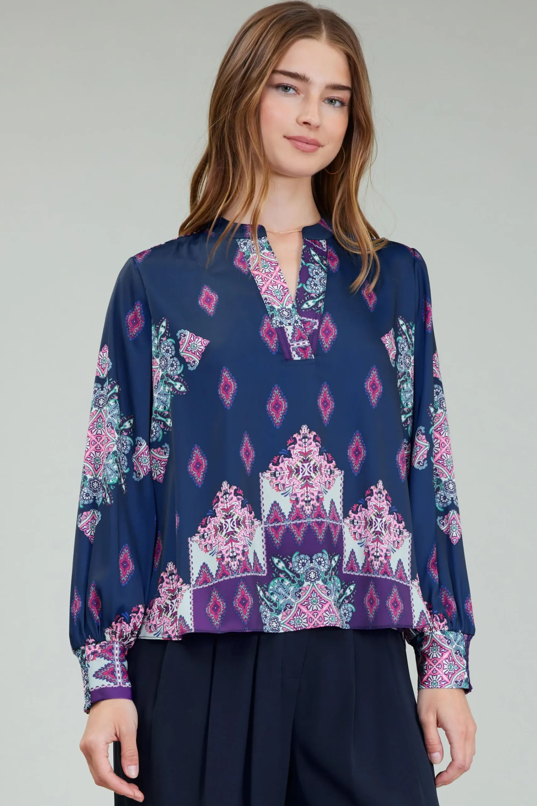Current Air Long Sleeve Tops-Ornate Border Print Blouse MLT