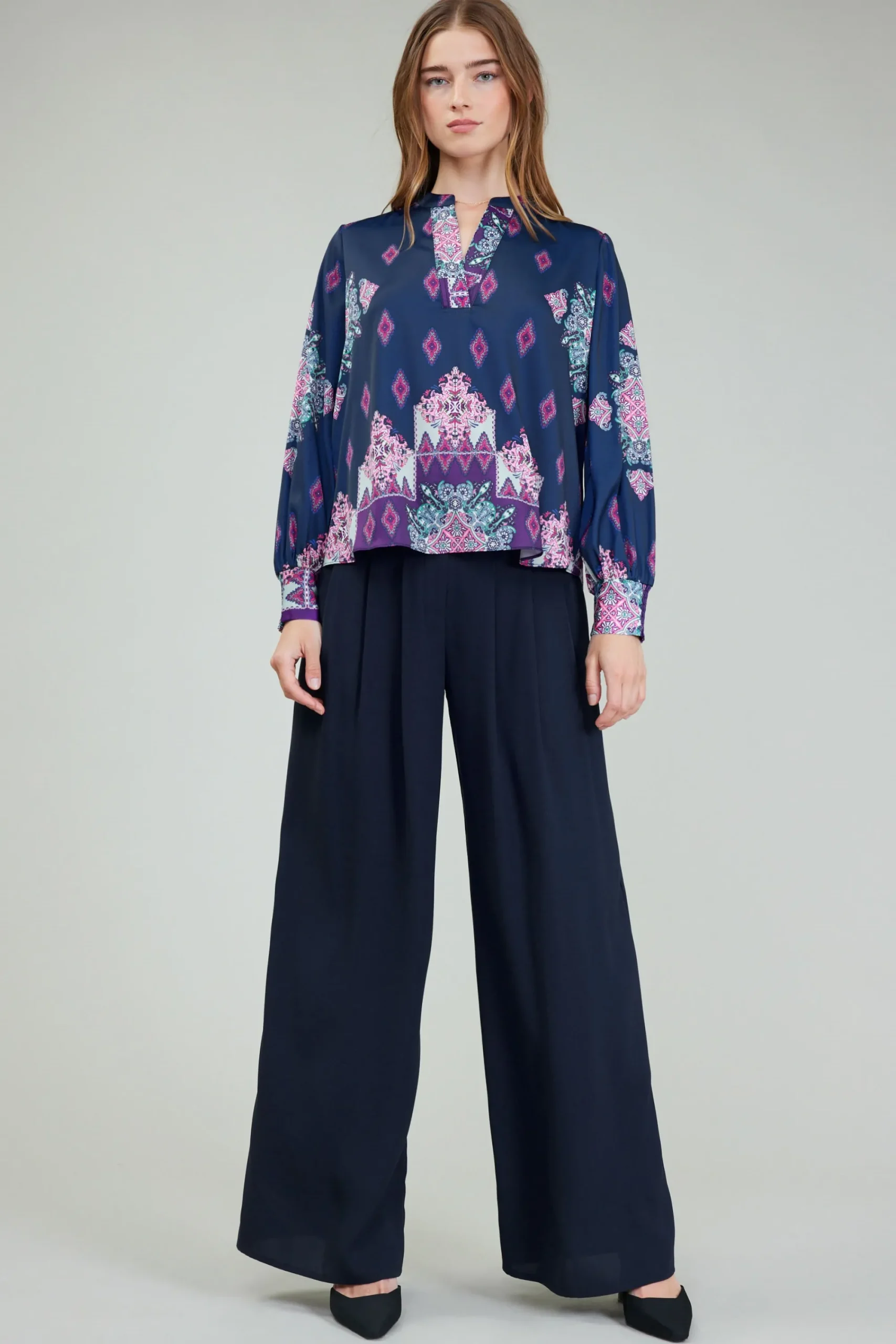 Current Air Long Sleeve Tops-Ornate Border Print Blouse MLT