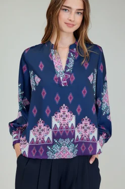 Current Air Long Sleeve Tops-Ornate Border Print Blouse MLT
