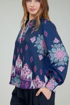 Current Air Long Sleeve Tops-Ornate Border Print Blouse MLT
