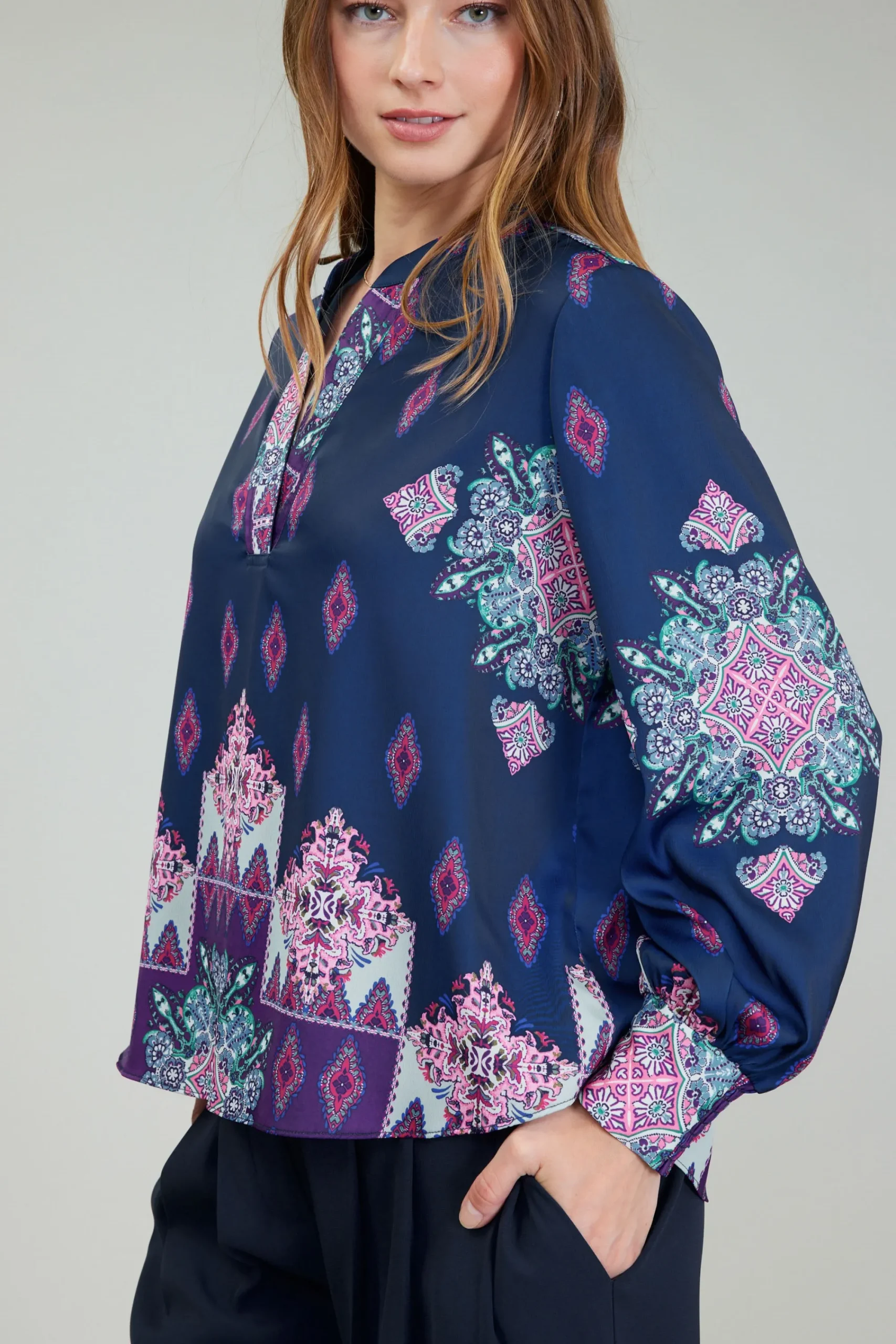 Current Air Long Sleeve Tops-Ornate Border Print Blouse MLT