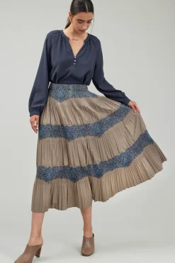 Current Air Skirts-Ornate Motif Midi Skirt TAUPEBLUEMLT