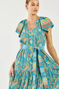 Current Air Midi Dresses-Paisley Border Print Midi Dress BLUEORANGE
