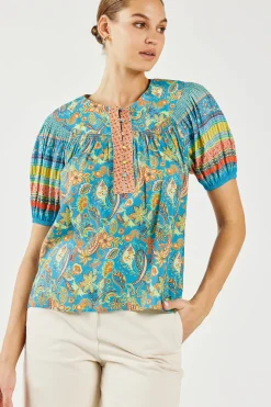 Current Air Short Sleeve Tops-Paisley Border Print Top BLUEORANGE