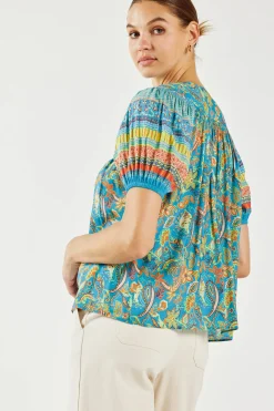 Current Air Short Sleeve Tops-Paisley Border Print Top BLUEORANGE