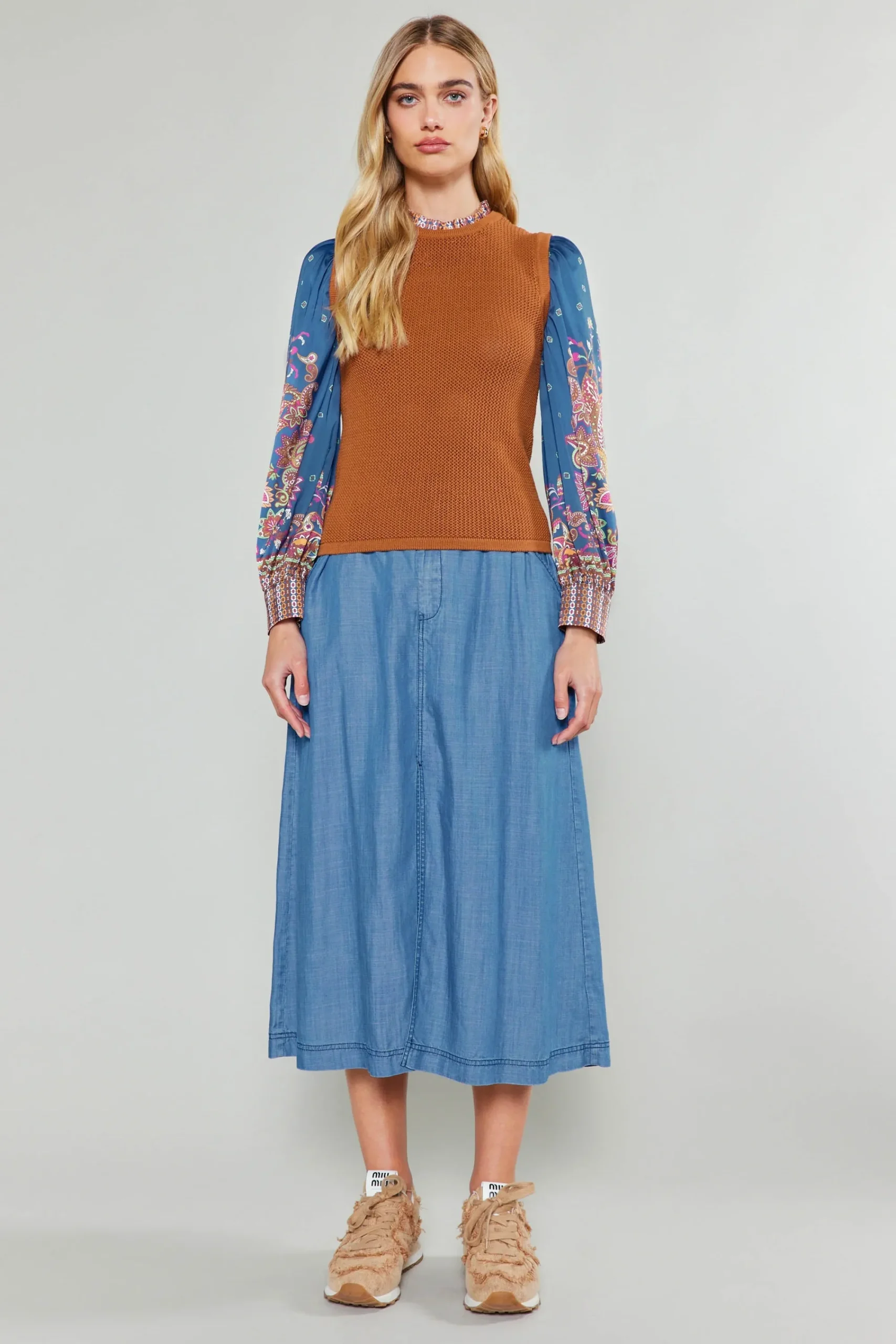 Current Air Knitwear | Sweaters-Paisley Contrast Sleeve Knit Top RUSTNAVY