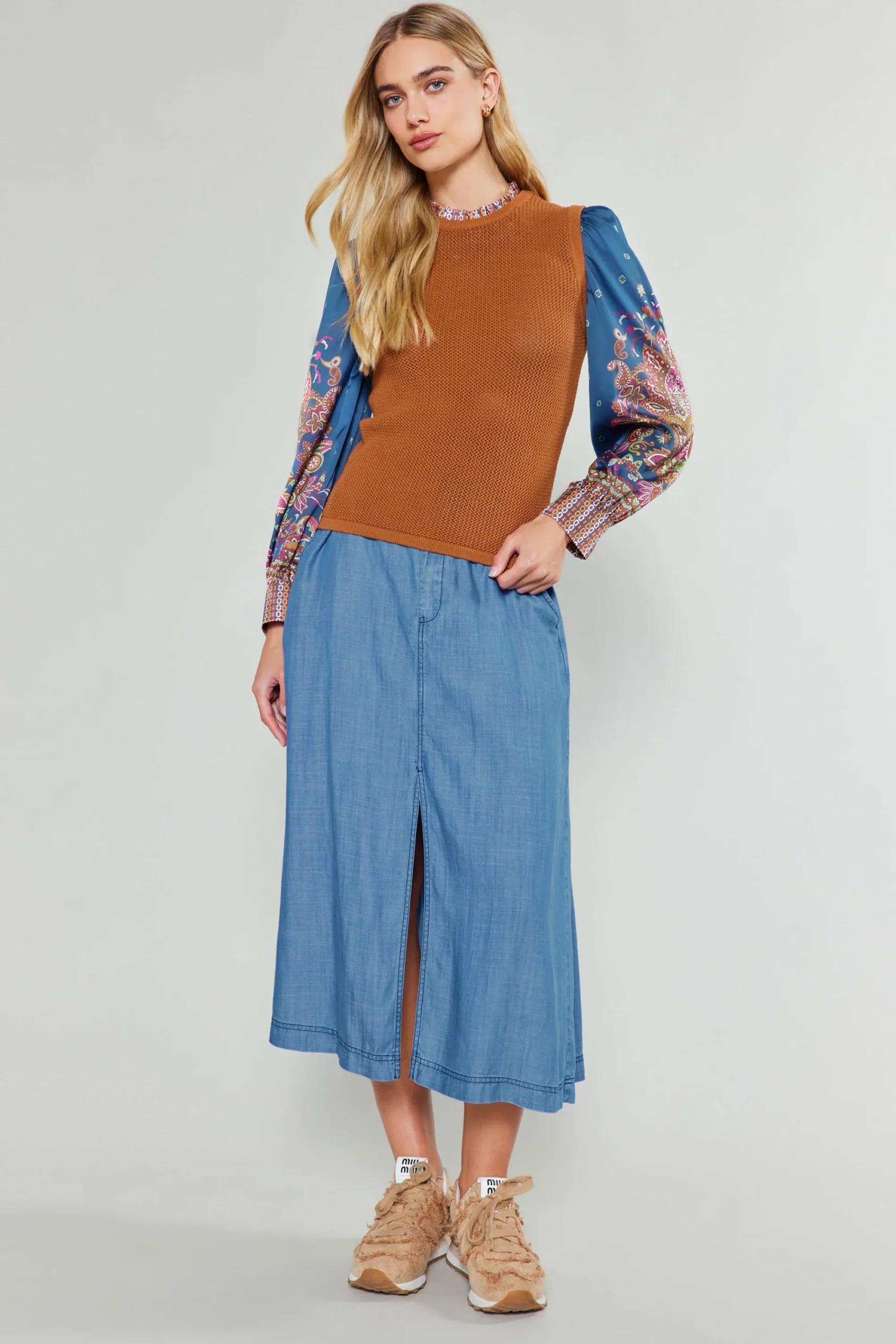 Current Air Knitwear | Sweaters-Paisley Contrast Sleeve Knit Top RUSTNAVY