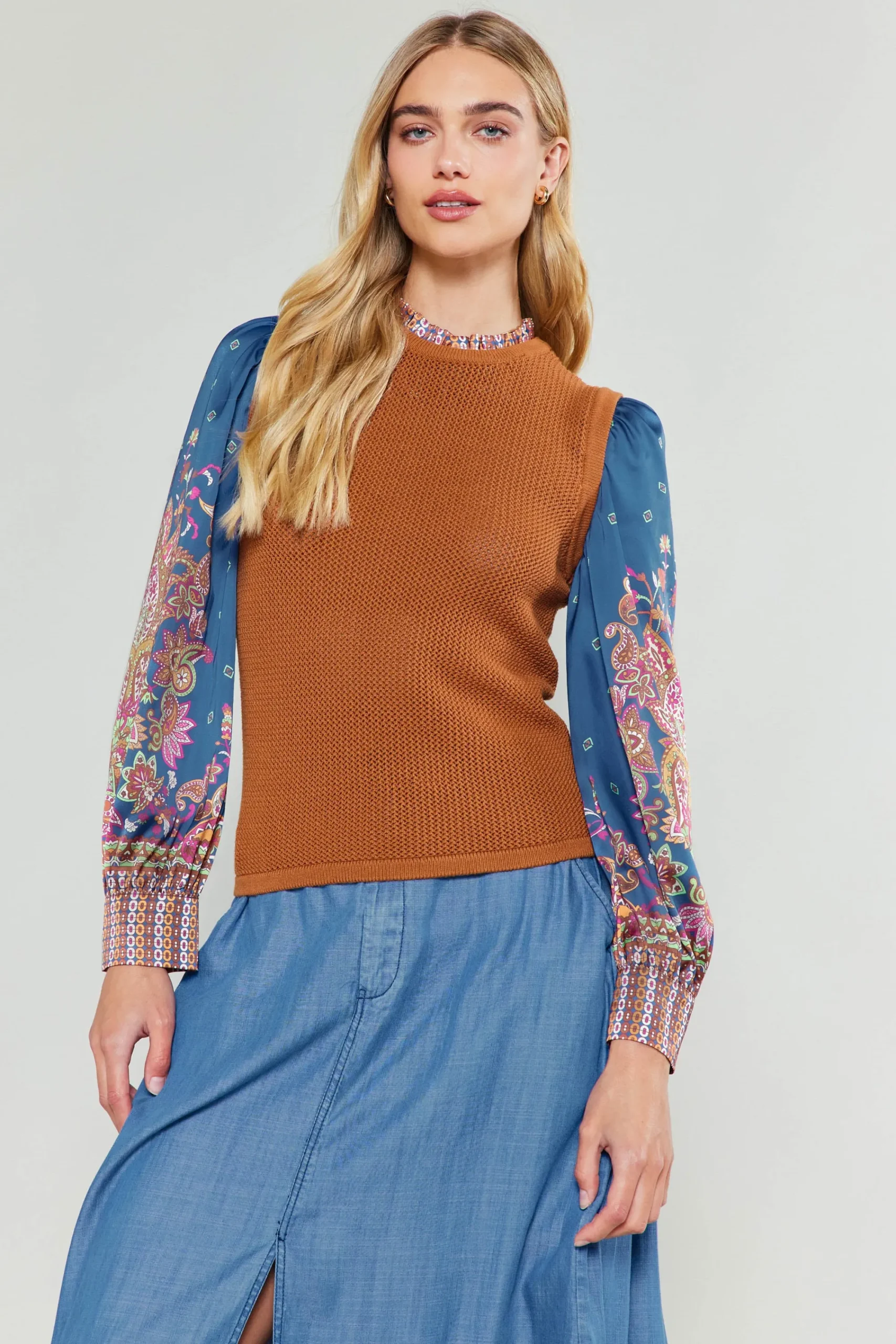 Current Air Knitwear | Sweaters-Paisley Contrast Sleeve Knit Top RUSTNAVY