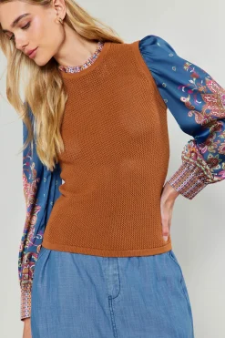 Current Air Knitwear | Sweaters-Paisley Contrast Sleeve Knit Top RUSTNAVY