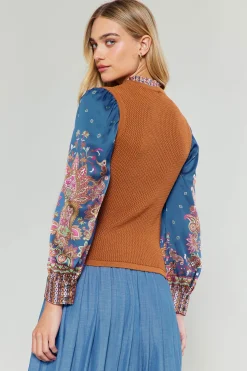 Current Air Knitwear | Sweaters-Paisley Contrast Sleeve Knit Top RUSTNAVY