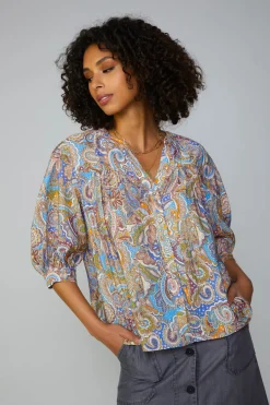 Current Air Long Sleeve Tops-Paisley Motif Button Blouse MLT