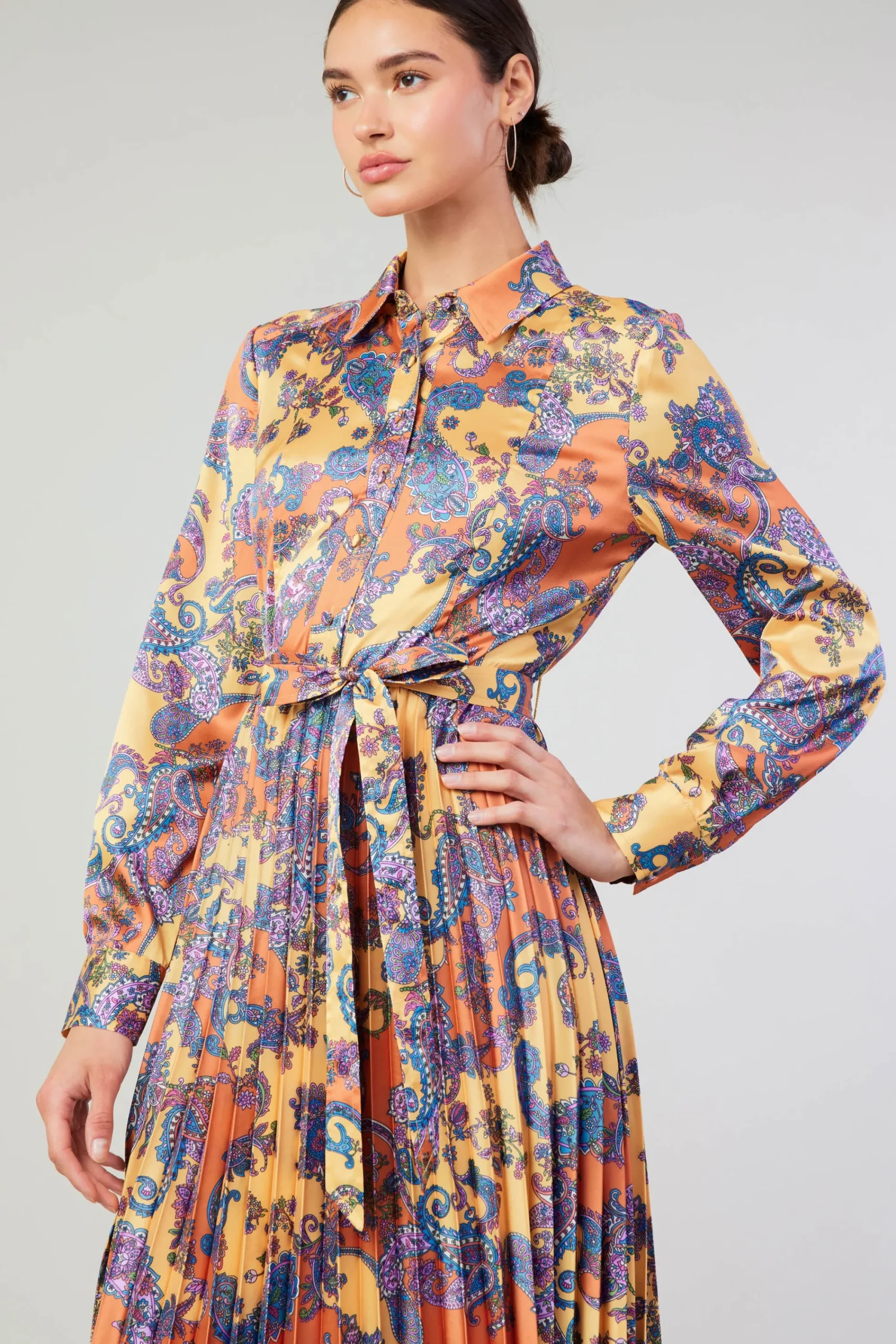 Current Air Maxi Dresses-Paisley Pleated Maxi Dress ORANGEPAISLEY
