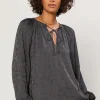 Current Air Long Sleeve Tops-Paisley Split Neck Top CHARCOAL