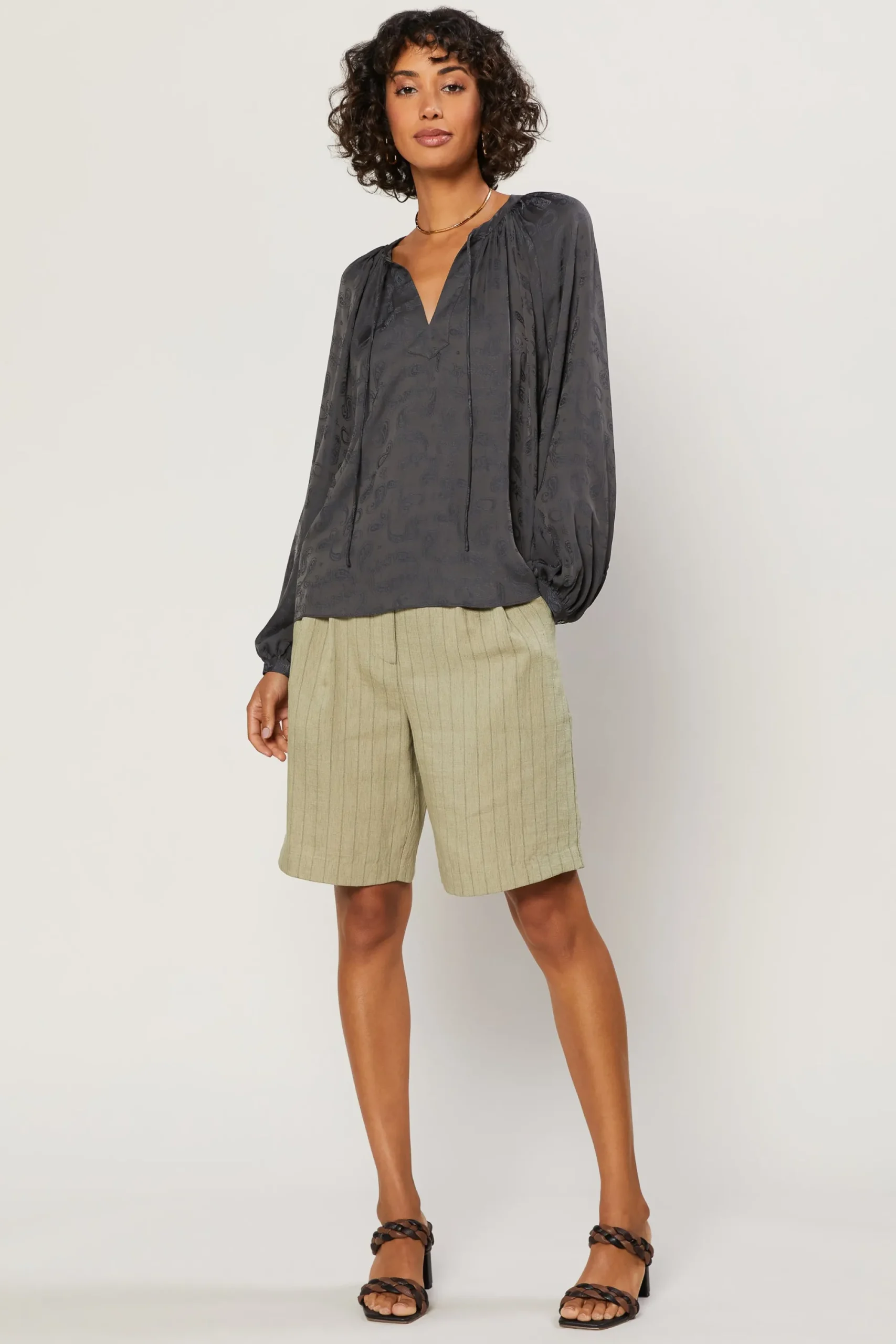 Current Air Long Sleeve Tops-Paisley Split Neck Top CHARCOAL