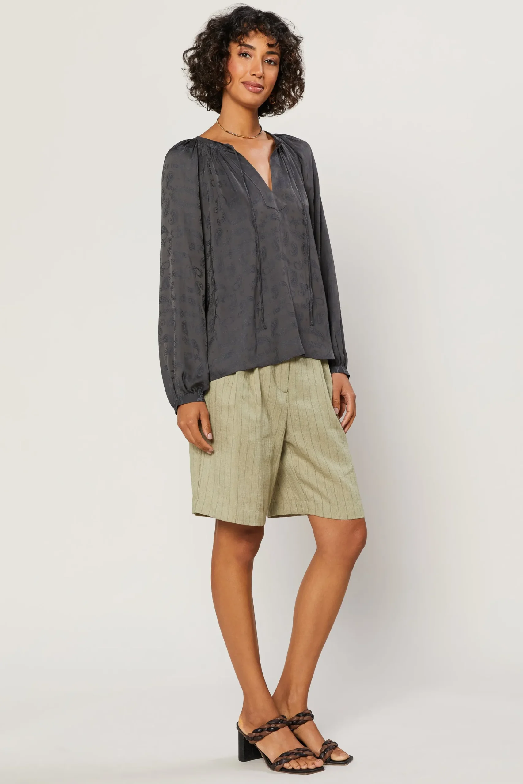 Current Air Long Sleeve Tops-Paisley Split Neck Top CHARCOAL