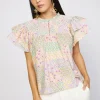 Current Air Short Sleeve Tops-Patchwork Flutter Sleeve Top MULTI