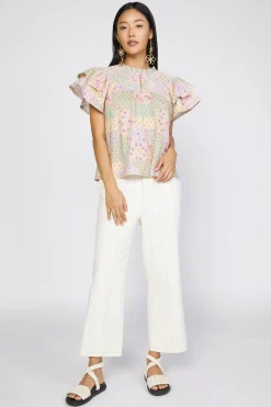 Current Air Short Sleeve Tops-Patchwork Flutter Sleeve Top MULTI