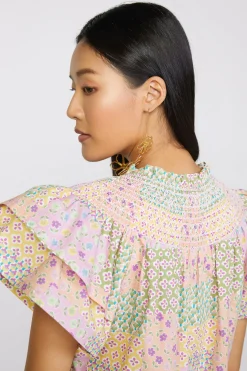 Current Air Short Sleeve Tops-Patchwork Flutter Sleeve Top MULTI