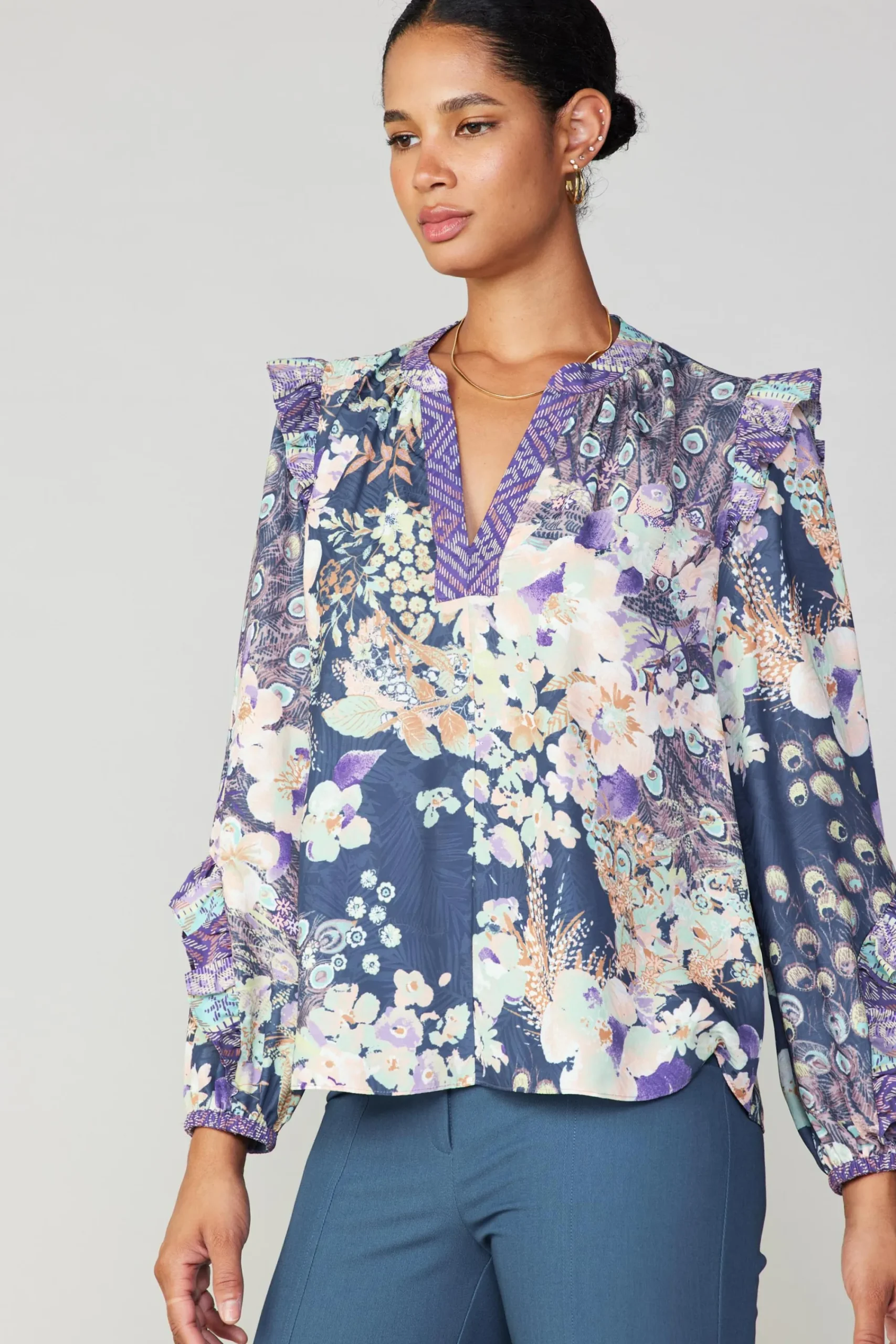Current Air Long Sleeve Tops-Peacock Floral Blouse NAVYMULTI