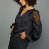 Current Air Long Sleeve Tops-Peekaboo Lace Blouse BLACK
