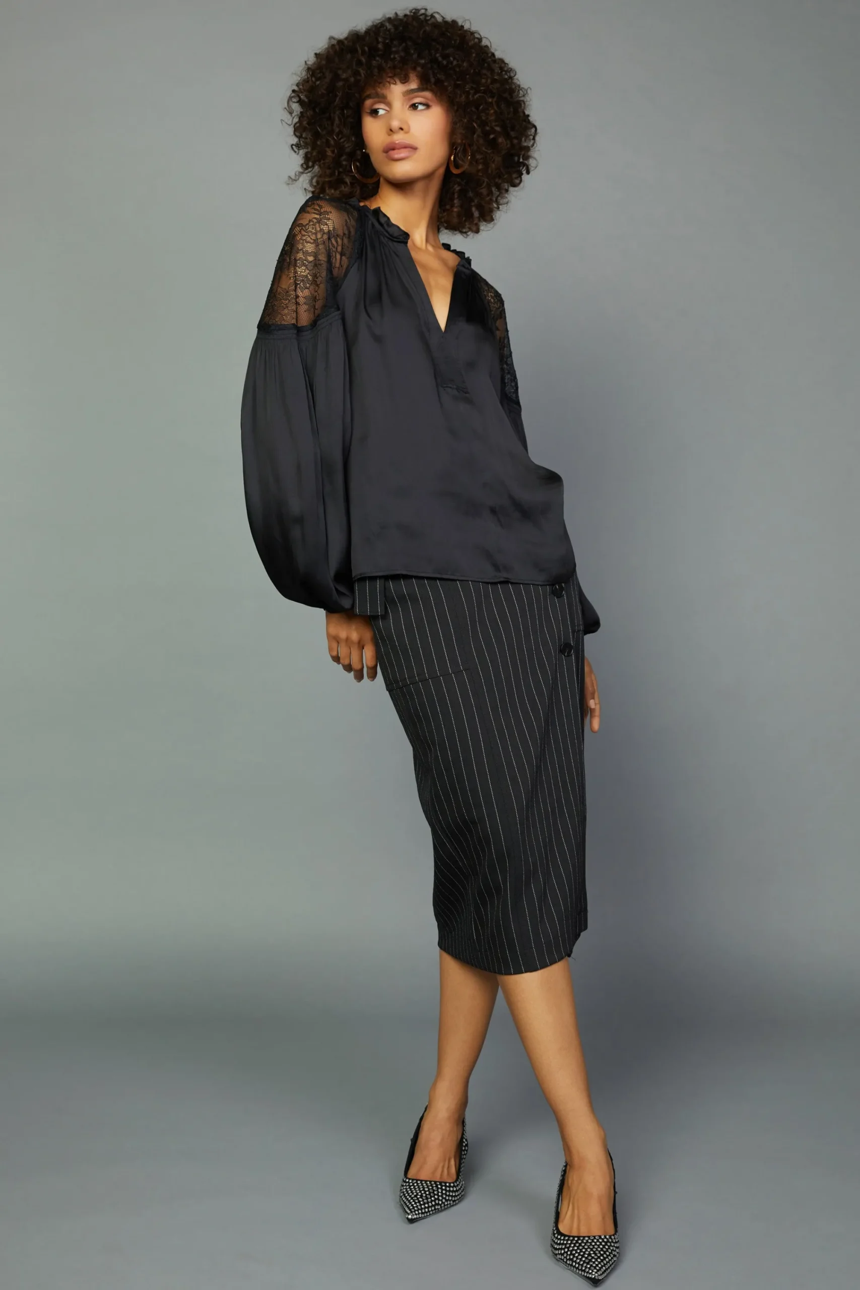 Current Air Long Sleeve Tops-Peekaboo Lace Blouse BLACK