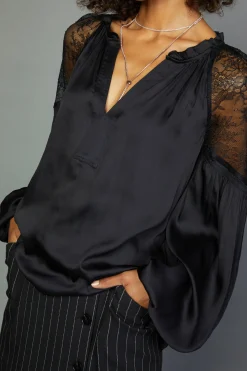 Current Air Long Sleeve Tops-Peekaboo Lace Blouse BLACK