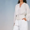 Current Air Long Sleeve Tops-Peplum Collared Blouse ECRU