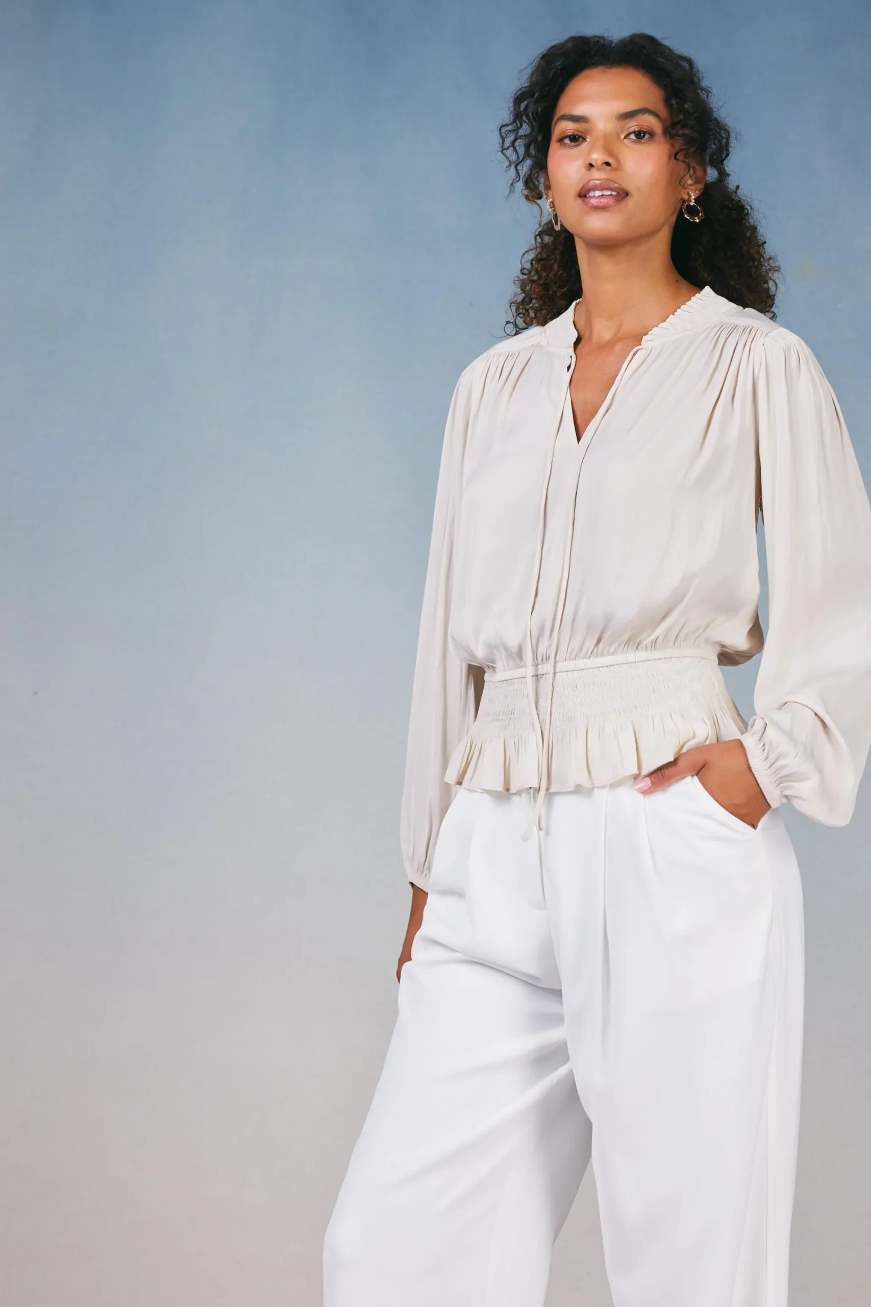 Current Air Long Sleeve Tops-Peplum Collared Blouse ECRU