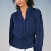 Current Air Long Sleeve Tops-Peplum Collared Blouse NAVY
