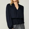 Current Air Long Sleeve Tops-Peplum Collared Blouse BLACK