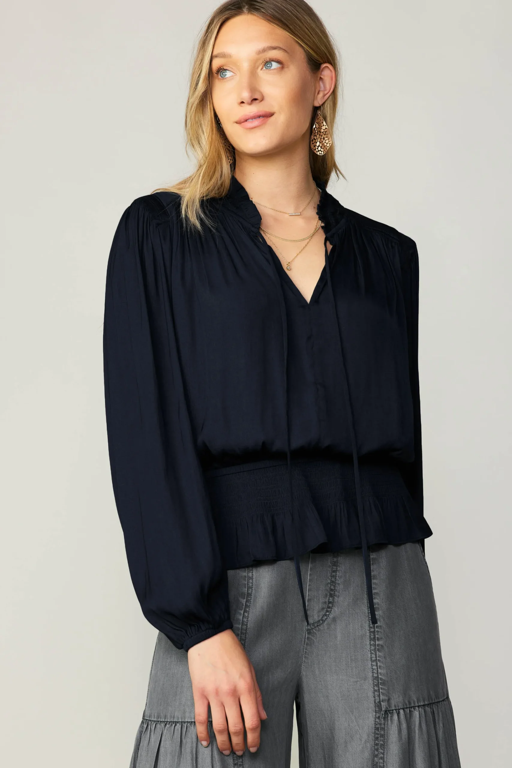 Current Air Long Sleeve Tops-Peplum Collared Blouse BLACK